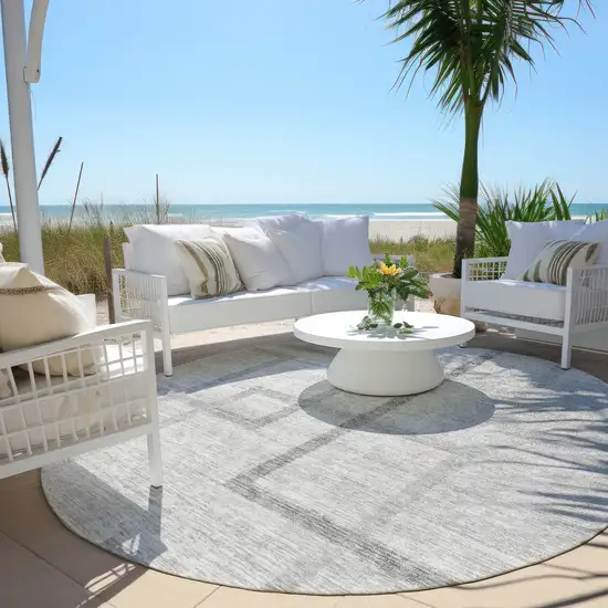 8' Gray Charcoal And Silver Round Geometric Washable Indoor Outdoor Area Rug Photo 5