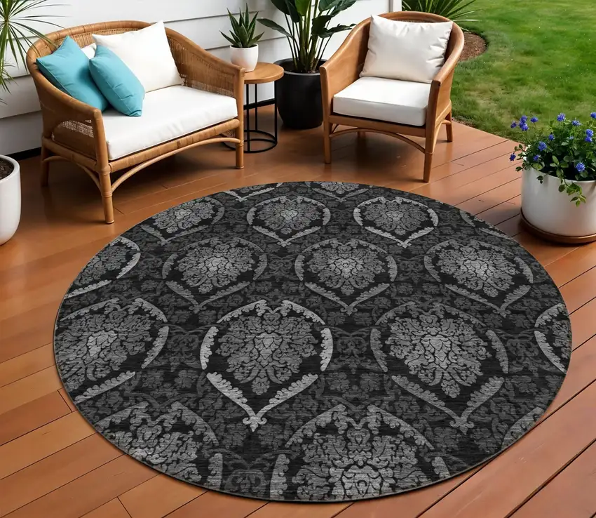 8' Gray Charcoal And Silver Round Medallion Washable Indoor Outdoor Area Rug Photo 1