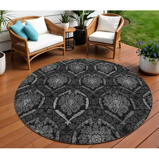 8' Gray Charcoal And Silver Round Medallion Washable Indoor Outdoor Area Rug Photo 1