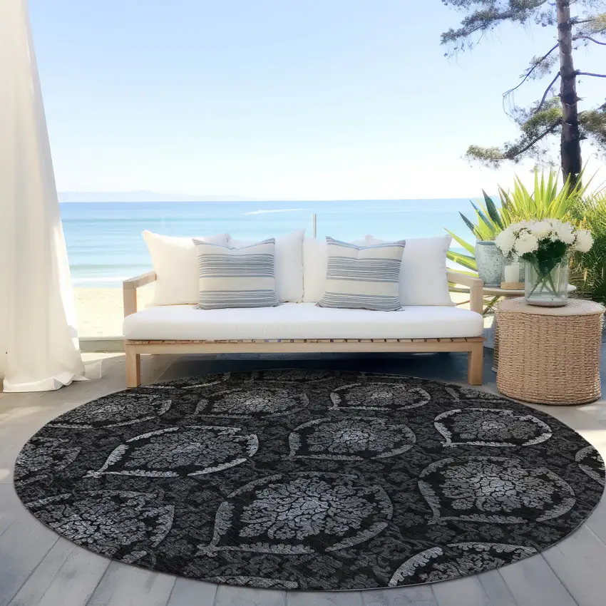 8' Gray Charcoal And Silver Round Medallion Washable Indoor Outdoor Area Rug Photo 6