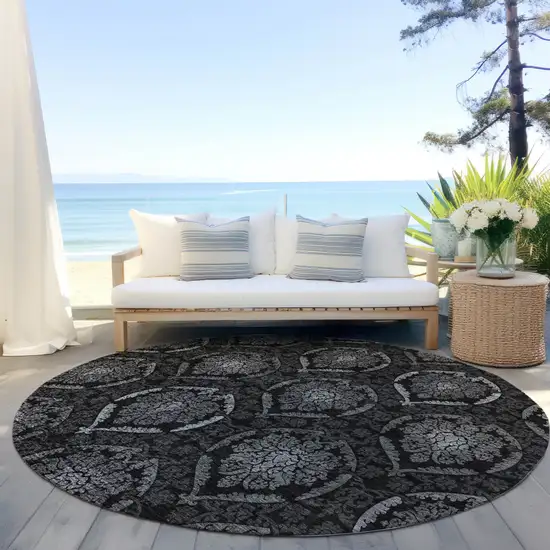 8' Gray Charcoal And Silver Round Medallion Washable Indoor Outdoor Area Rug Photo 6
