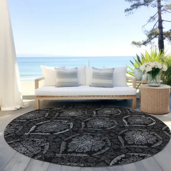 8' Gray Charcoal And Silver Round Medallion Washable Indoor Outdoor Area Rug Photo 6