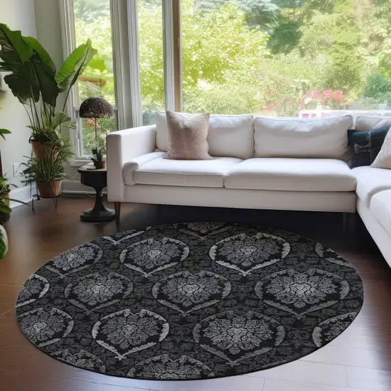 8' Gray Charcoal And Silver Round Medallion Washable Indoor Outdoor Area Rug Photo 7