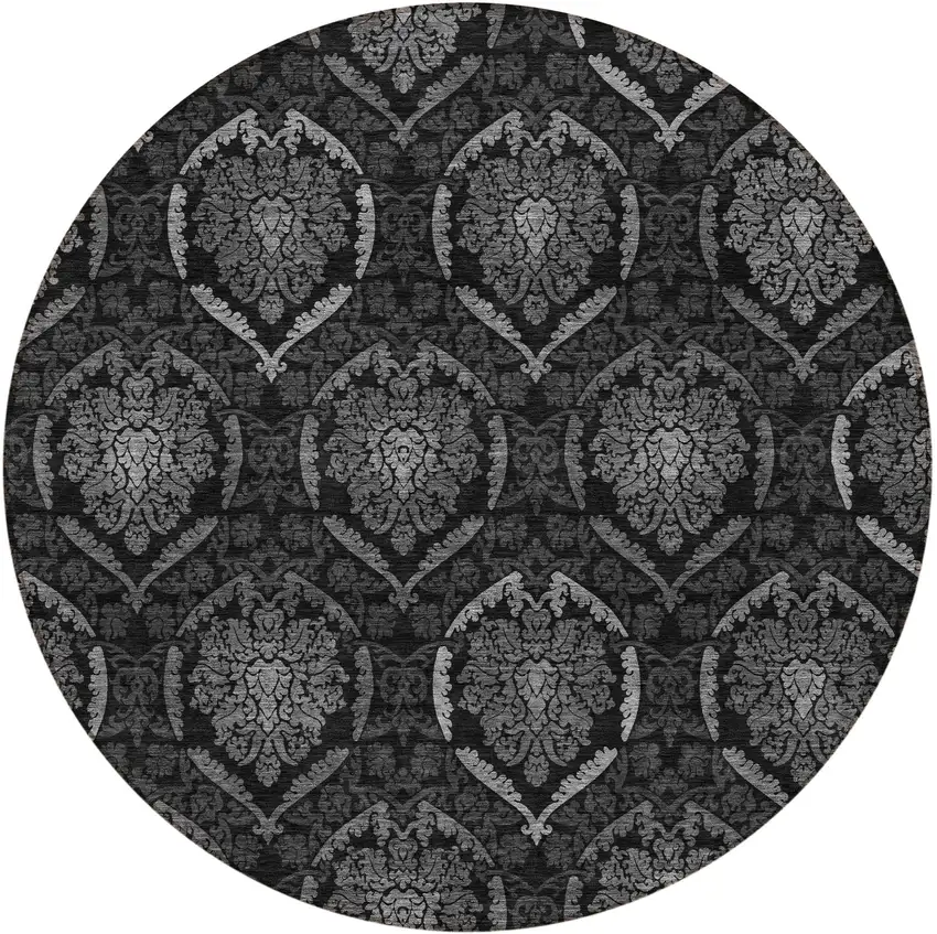 8' Gray Charcoal And Silver Round Medallion Washable Indoor Outdoor Area Rug Photo 5