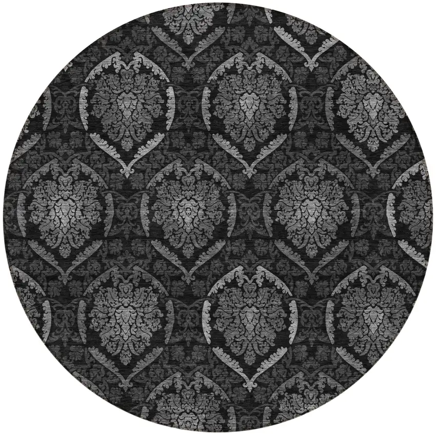 8' Gray Charcoal And Silver Round Medallion Washable Indoor Outdoor Area Rug Photo 5