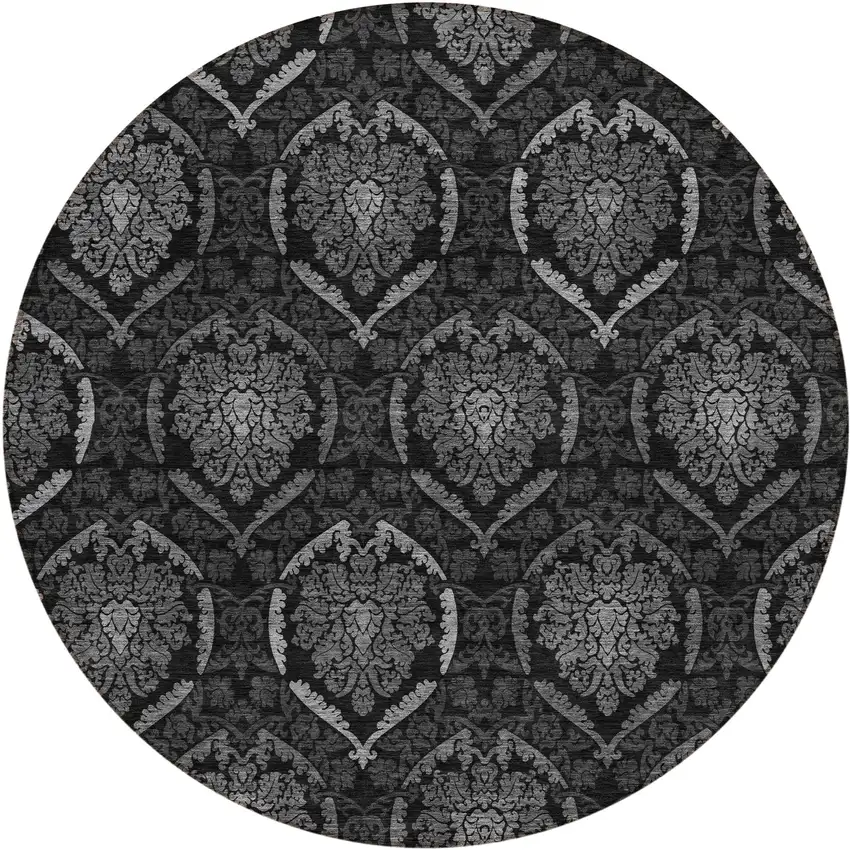 8' Gray Charcoal And Silver Round Medallion Washable Indoor Outdoor Area Rug Photo 2