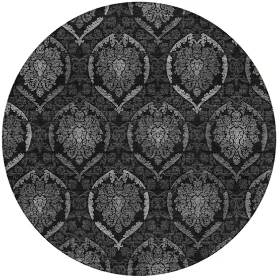 8' Gray Charcoal And Silver Round Medallion Washable Indoor Outdoor Area Rug Photo 2