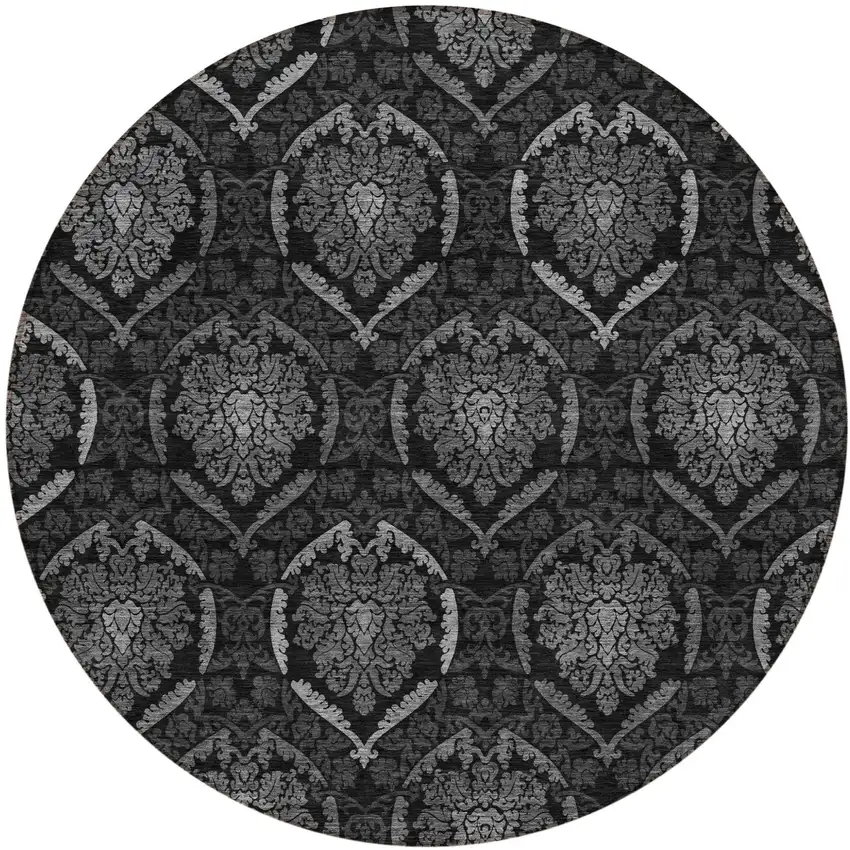 8' Gray Charcoal And Silver Round Medallion Washable Indoor Outdoor Area Rug Photo 2
