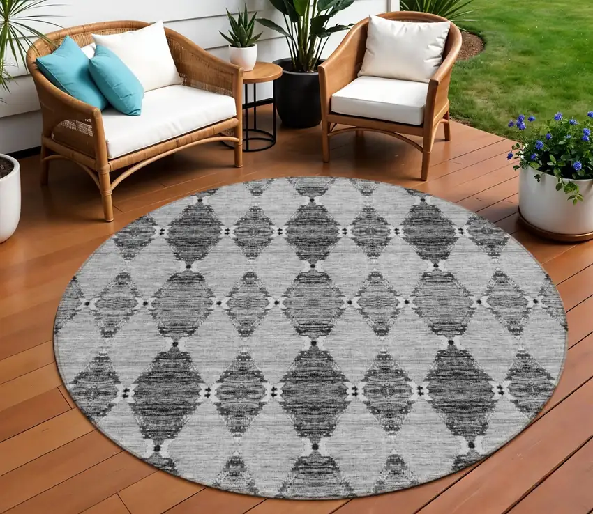 8' Gray Charcoal And Silver Round Moroccan Washable Indoor Outdoor Area Rug Photo 1