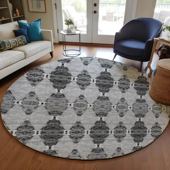 8' Gray Charcoal And Silver Round Moroccan Washable Indoor Outdoor Area Rug Photo 6