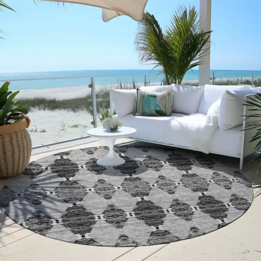 8' Gray Charcoal And Silver Round Moroccan Washable Indoor Outdoor Area Rug Photo 4