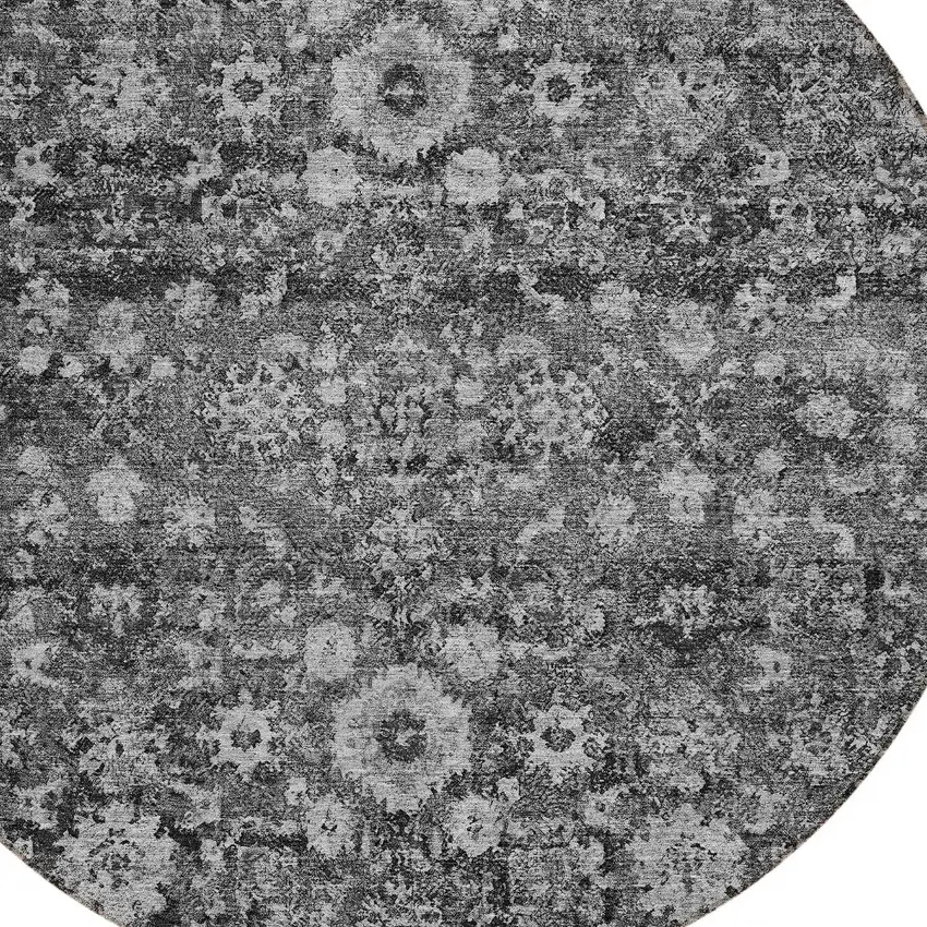 8' Gray Charcoal And Silver Round Oriental Washable Indoor Outdoor Area Rug Photo 5