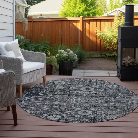 8' Gray Charcoal And Silver Round Oriental Washable Indoor Outdoor Area Rug Photo 7