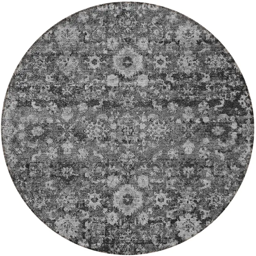 8' Gray Charcoal And Silver Round Oriental Washable Indoor Outdoor Area Rug Photo 6