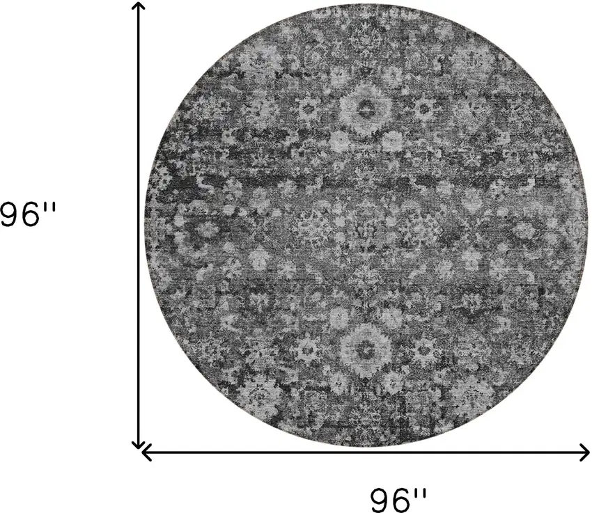 8' Gray Charcoal And Silver Round Oriental Washable Indoor Outdoor Area Rug Photo 3