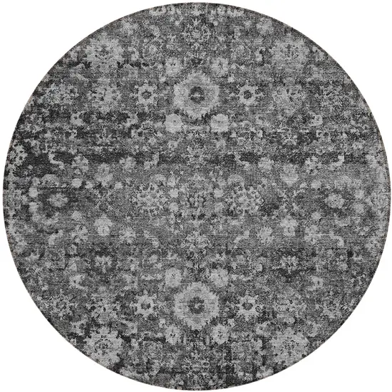 8' Gray Charcoal And Silver Round Oriental Washable Indoor Outdoor Area Rug Photo 2