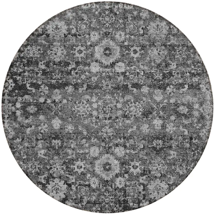 8' Gray Charcoal And Silver Round Oriental Washable Indoor Outdoor Area Rug Photo 2