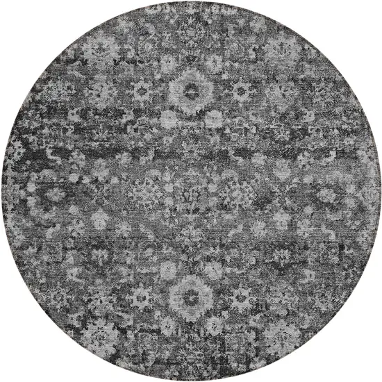 8' Gray Charcoal And Silver Round Oriental Washable Indoor Outdoor Area Rug Photo 2