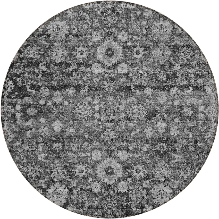 8' Gray Charcoal And Silver Round Oriental Washable Indoor Outdoor Area Rug Photo 2