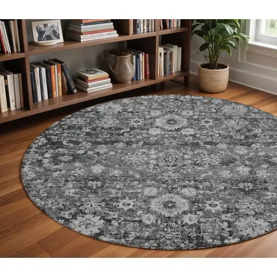 8' Gray Charcoal And Silver Round Oriental Washable Indoor Outdoor Area Rug Photo 1