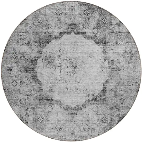 8' Gray Charcoal And Silver Round Oriental Washable Indoor Outdoor Area Rug Photo 2