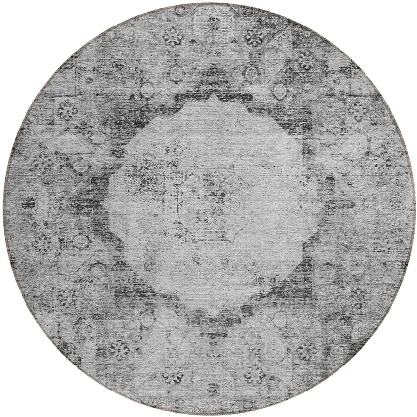 8' Gray Charcoal And Silver Round Oriental Washable Indoor Outdoor Area Rug Photo 2