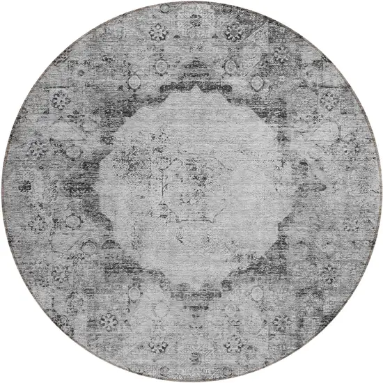 8' Gray Charcoal And Silver Round Oriental Washable Indoor Outdoor Area Rug Photo 2