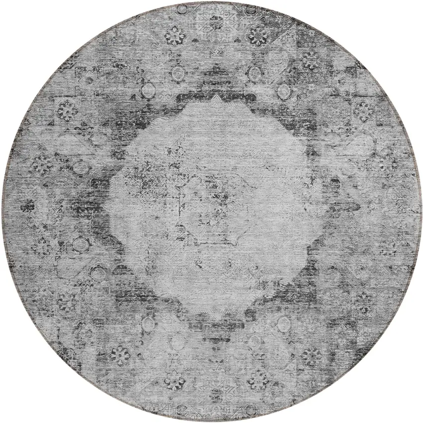 8' Gray Charcoal And Silver Round Oriental Washable Indoor Outdoor Area Rug Photo 2
