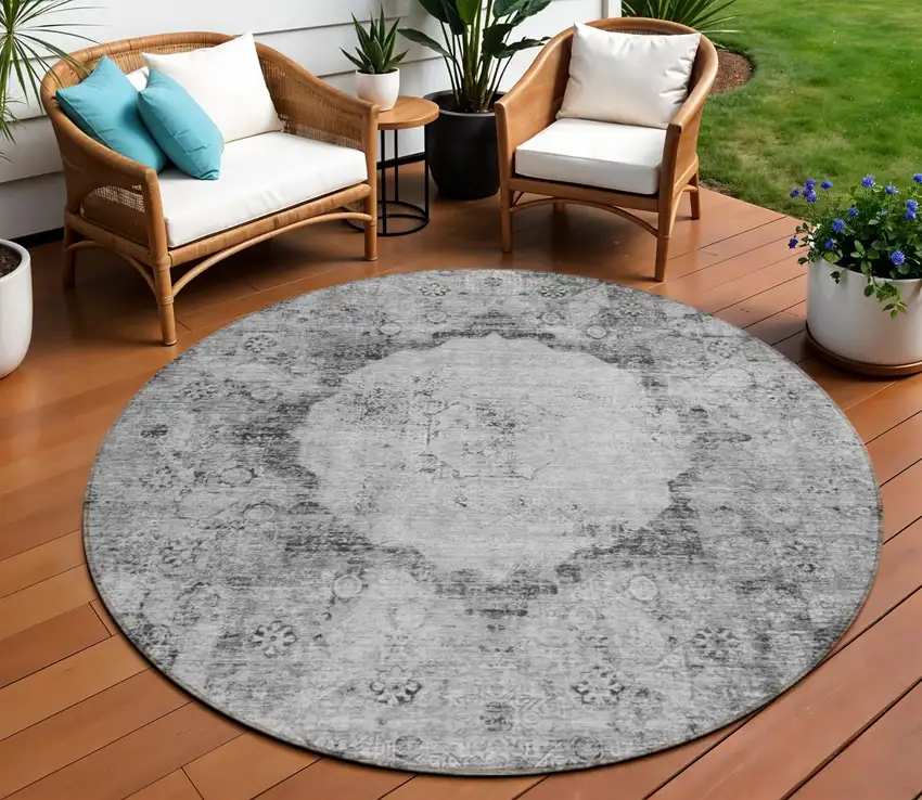 8' Gray Charcoal And Silver Round Oriental Washable Indoor Outdoor Area Rug Photo 1