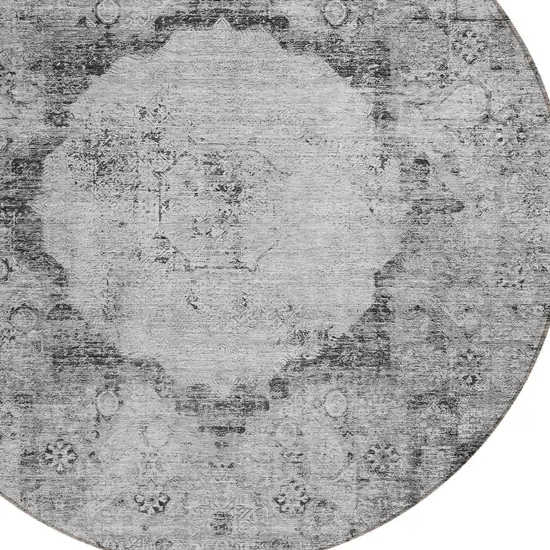8' Gray Charcoal And Silver Round Oriental Washable Indoor Outdoor Area Rug Photo 4