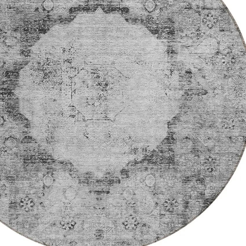 8' Gray Charcoal And Silver Round Oriental Washable Indoor Outdoor Area Rug Photo 4