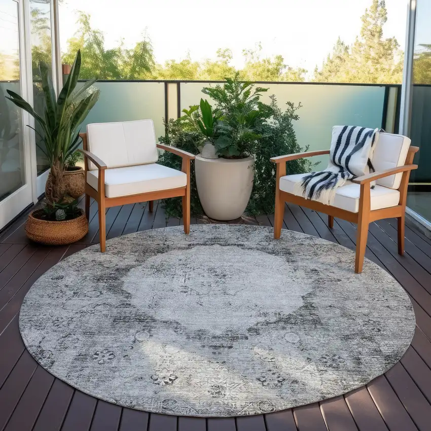 8' Gray Charcoal And Silver Round Oriental Washable Indoor Outdoor Area Rug Photo 6