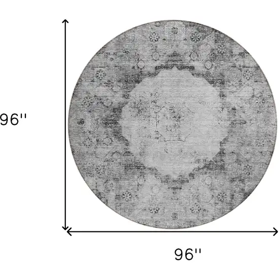 8' Gray Charcoal And Silver Round Oriental Washable Indoor Outdoor Area Rug Photo 3