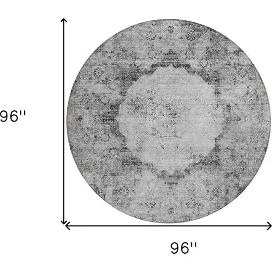 8' Gray Charcoal And Silver Round Oriental Washable Indoor Outdoor Area Rug Photo 3