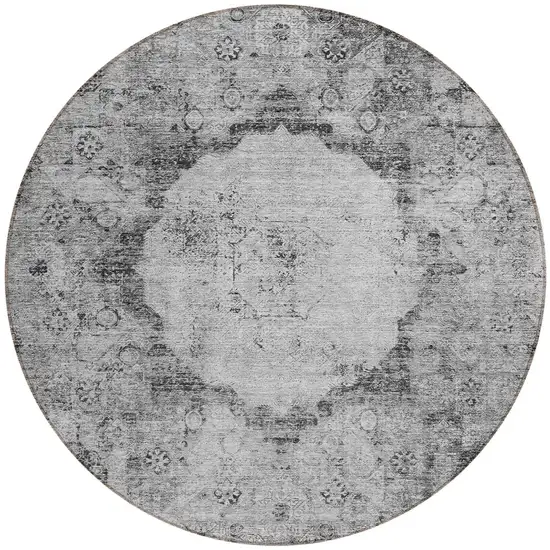 8' Gray Charcoal And Silver Round Oriental Washable Indoor Outdoor Area Rug Photo 5