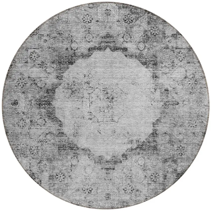 8' Gray Charcoal And Silver Round Oriental Washable Indoor Outdoor Area Rug Photo 5