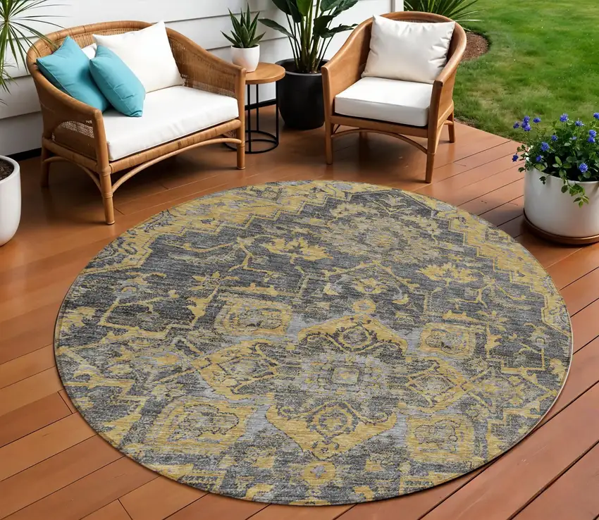 8' Gray Charcoal And Silver Round Oriental Washable Indoor Outdoor Area Rug Photo 1