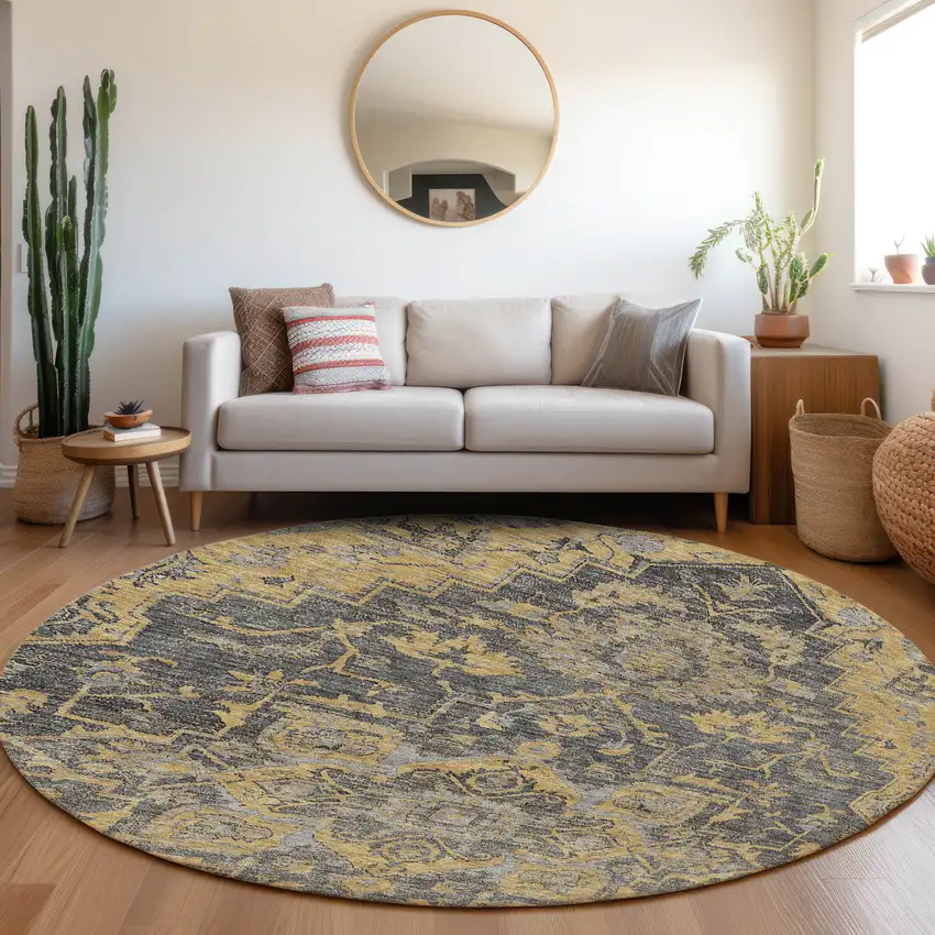 8' Gray Charcoal And Silver Round Oriental Washable Indoor Outdoor Area Rug Photo 7