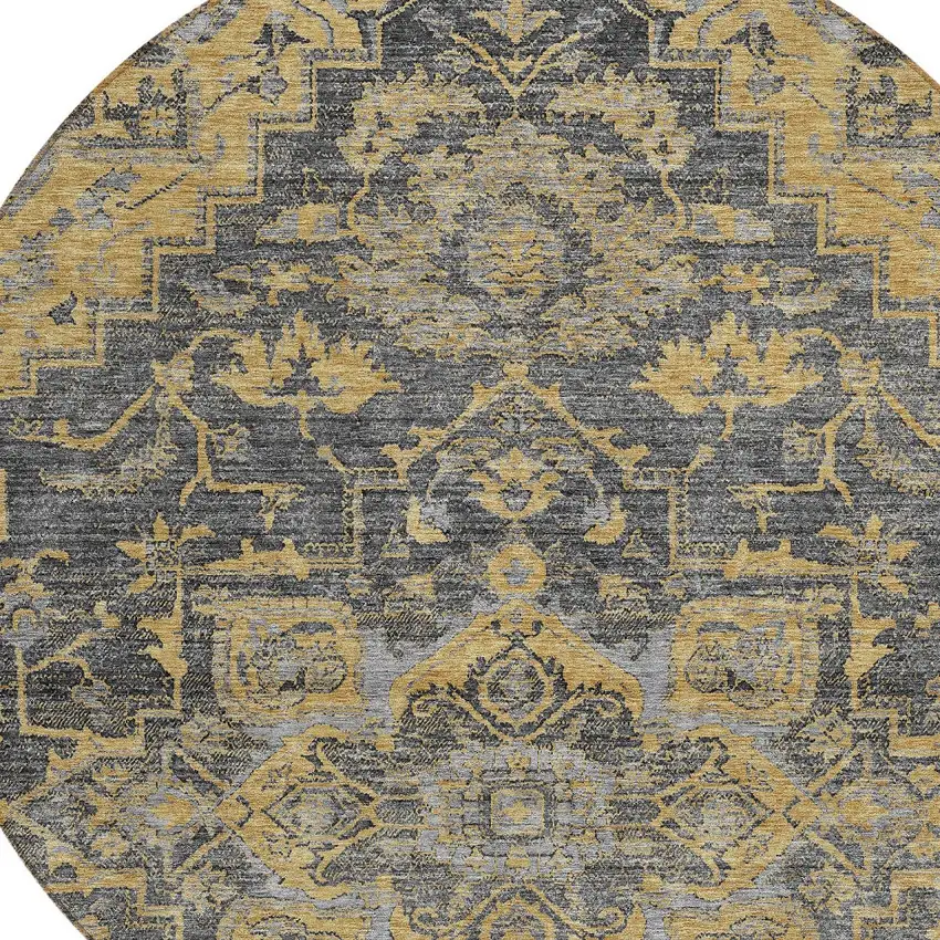 8' Gray Charcoal And Silver Round Oriental Washable Indoor Outdoor Area Rug Photo 4