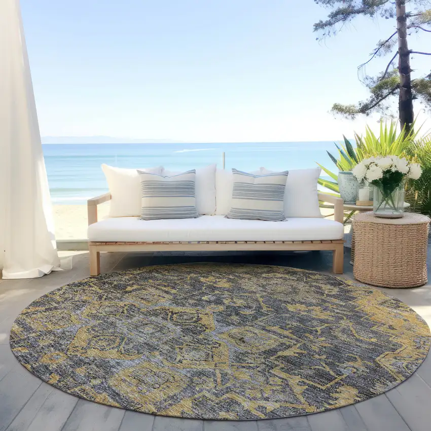 8' Gray Charcoal And Silver Round Oriental Washable Indoor Outdoor Area Rug Photo 6