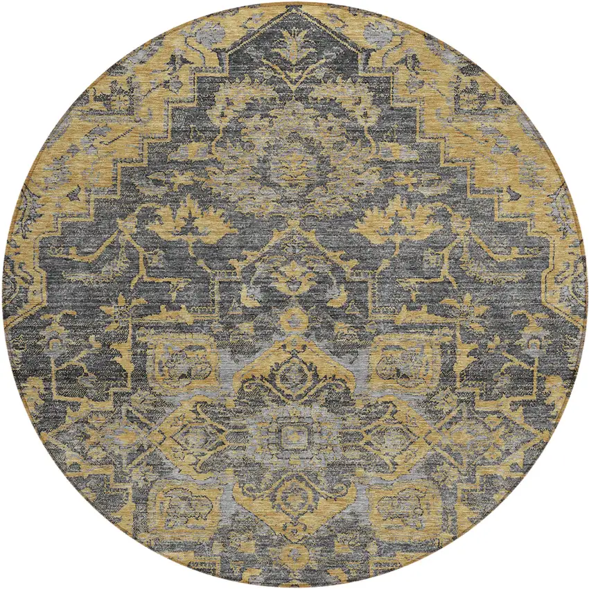 8' Gray Charcoal And Silver Round Oriental Washable Indoor Outdoor Area Rug Photo 2