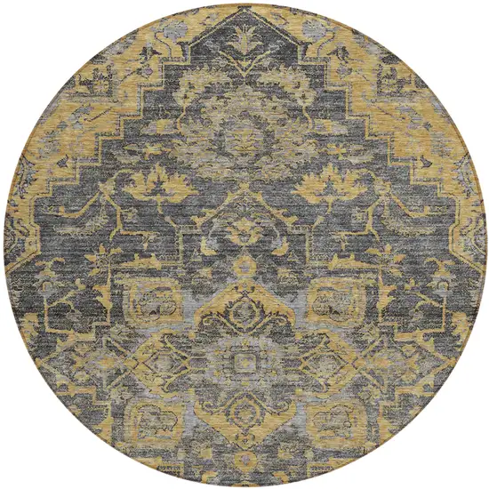 8' Gray Charcoal And Silver Round Oriental Washable Indoor Outdoor Area Rug Photo 2