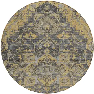Photo of 8' Gray Charcoal And Silver Round Oriental Washable Indoor Outdoor Area Rug