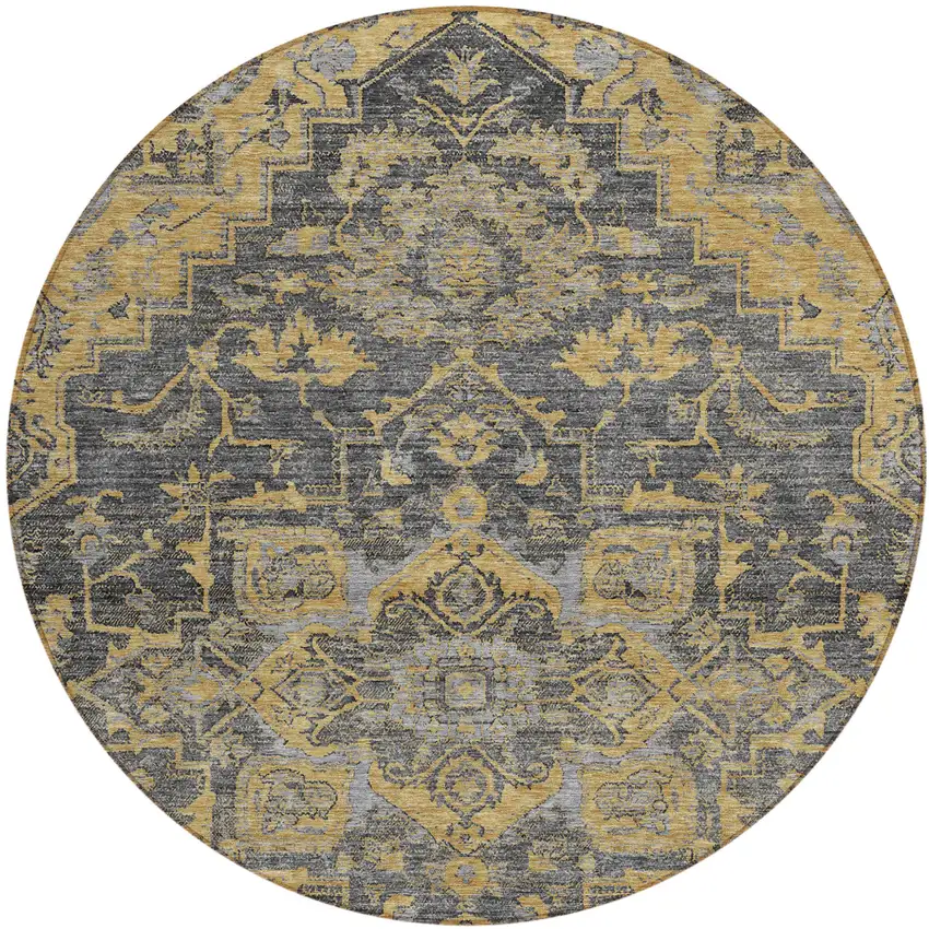 8' Gray Charcoal And Silver Round Oriental Washable Indoor Outdoor Area Rug Photo 2