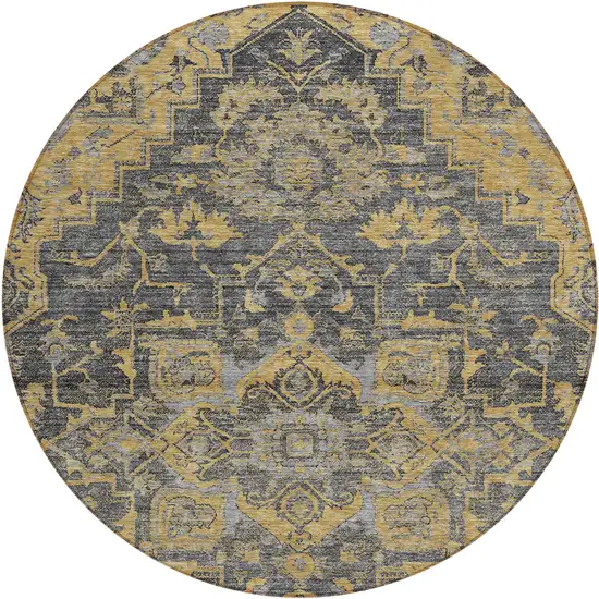 8' Gray Charcoal And Silver Round Oriental Washable Indoor Outdoor Area Rug Photo 2