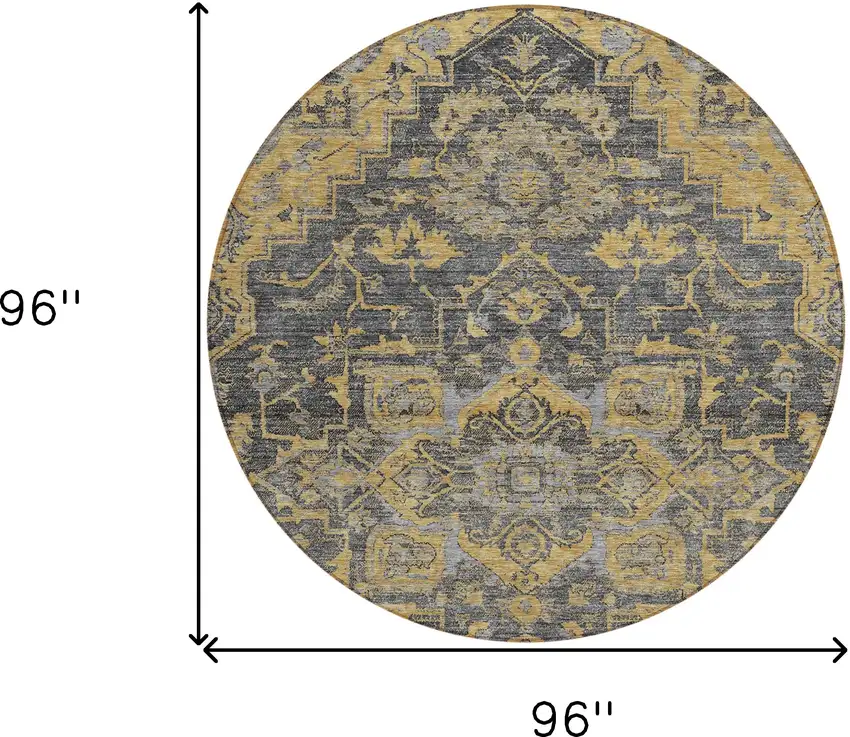8' Gray Charcoal And Silver Round Oriental Washable Indoor Outdoor Area Rug Photo 3