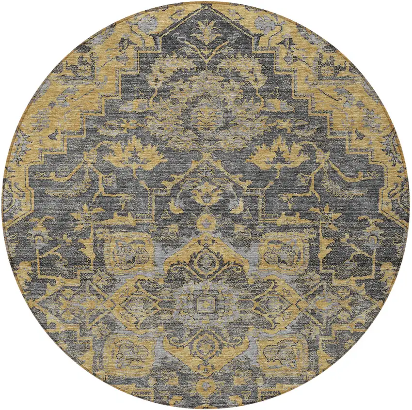 8' Gray Charcoal And Silver Round Oriental Washable Indoor Outdoor Area Rug Photo 5
