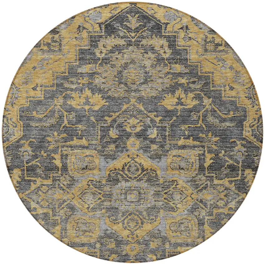 8' Gray Charcoal And Silver Round Oriental Washable Indoor Outdoor Area Rug Photo 5