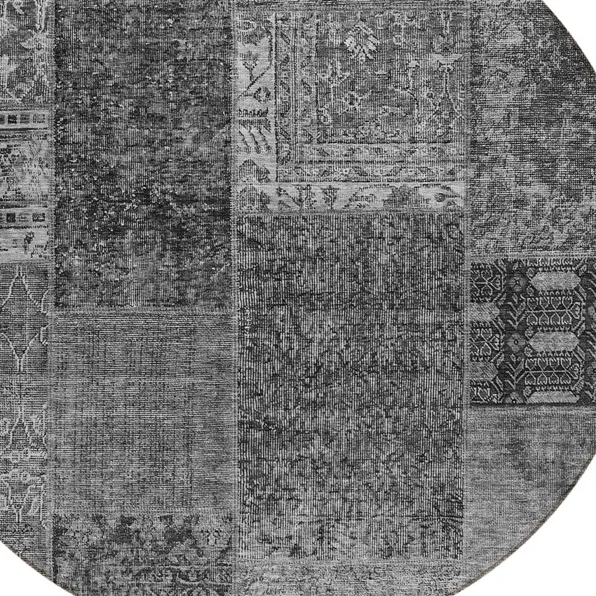 8' Gray Charcoal And Silver Round Patchwork Washable Indoor Outdoor Area Rug Photo 4