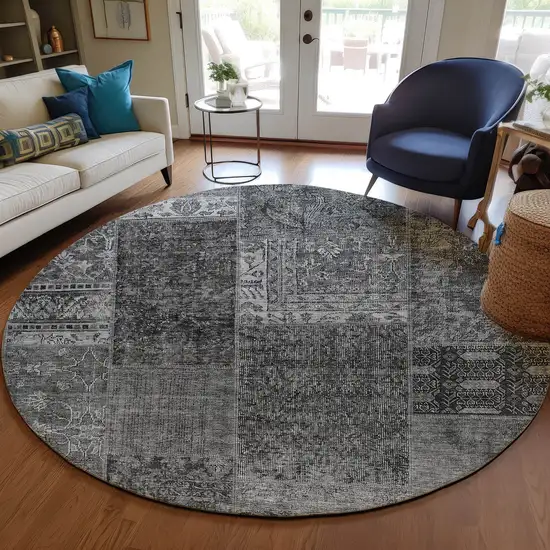 8' Gray Charcoal And Silver Round Patchwork Washable Indoor Outdoor Area Rug Photo 7